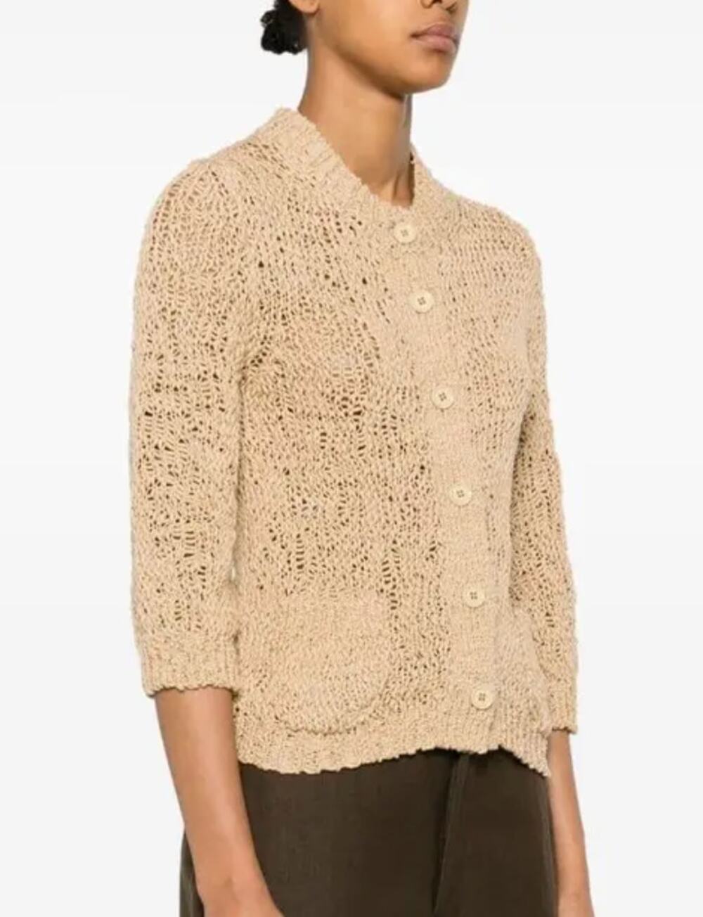 Dorothee Schumacher Cotton Love Open Knit Cardigan Sweater Camel Beige